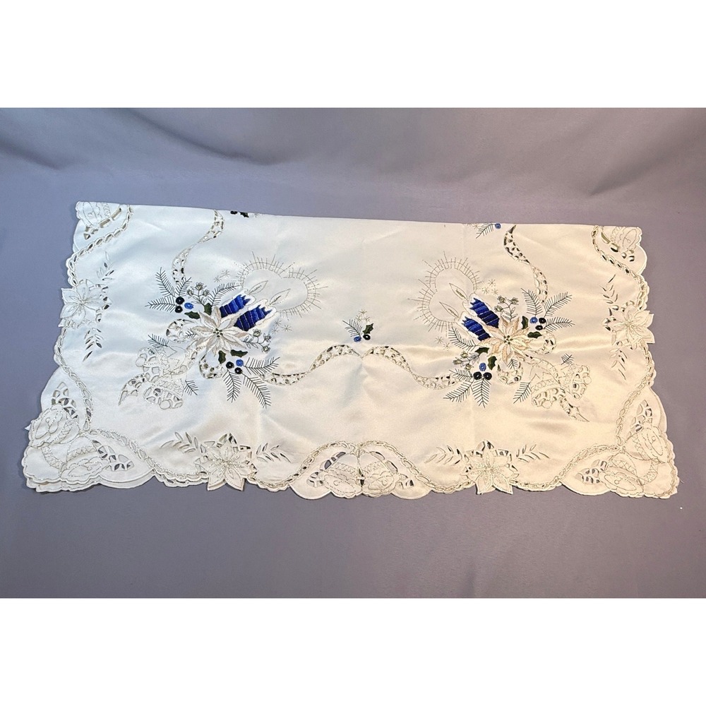 Vintage Embroidered Square Christmas Satin Table Topper White & Blue Cottage